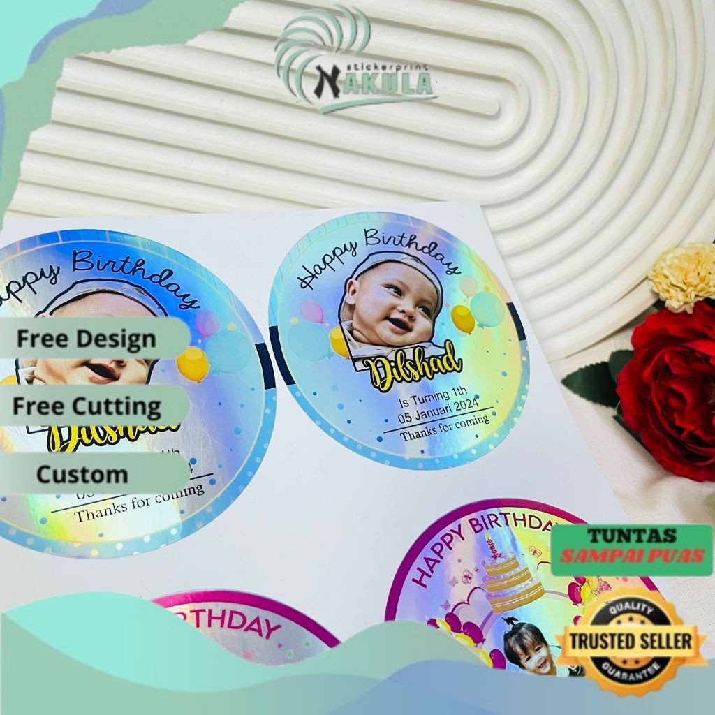 

NKL 2-4 Sticker Undangan Ulang Tahun Anak Label Stiker Happy Birthday Bahan Hologram Anti Air