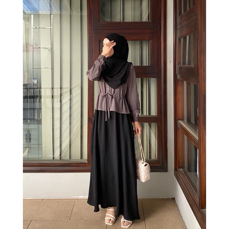 Baju Set Gamis Remaja Terbaru Cringkel Premium Zahra Dress Trend Kombinasi Warna Polos MURAH