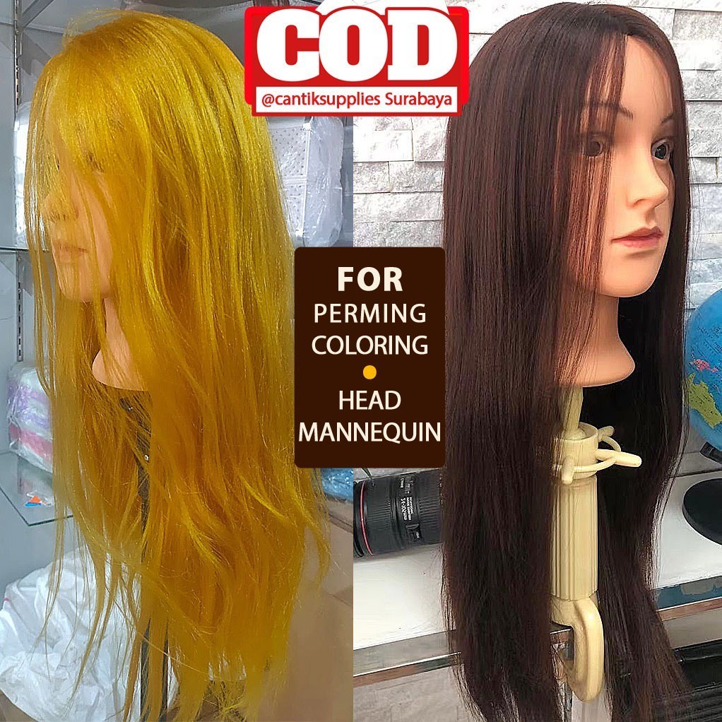 READY 50% human hair mannequin boneka latihan potong rambut sanggul hairdo + tripod meja