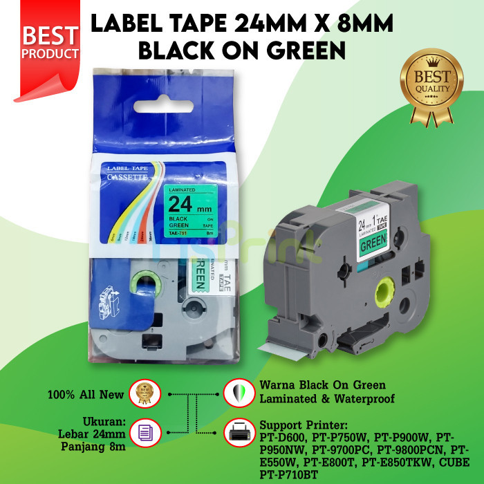 

Label Tape Casette Laminated 24mm Black On Green TZE-751 Compatible