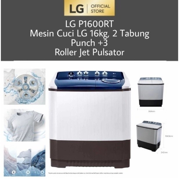 LG Mesin Cuci 2 Tabung 16 Kg P1600RT Rollet Jet Pulsator P1600 16Kg