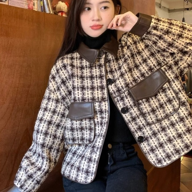 Cardigan Korean / Outer Retro Casual / Jaket Wanita Motif Houndstooth Hitam Lengan Panjang