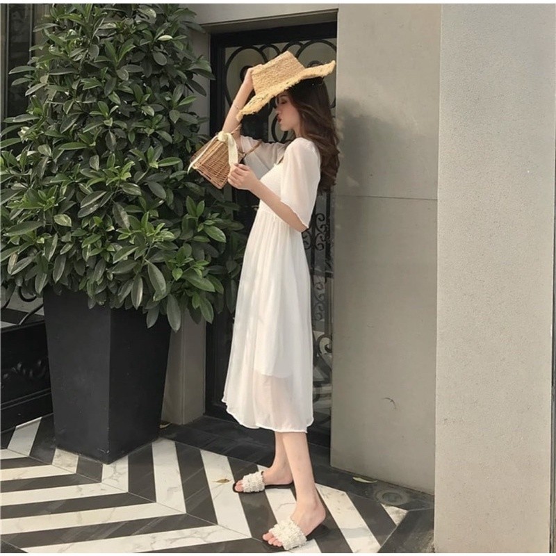 [ADA SIZE JUMBO] D0633 SPLASH KOREAN STYLE MIDI VINTAGE DRESS MATERNITY PANTAI FLOWY PUTIH POLOS SUM