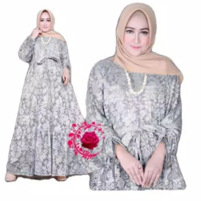 Gamis brukat XXXL marifa abu baju brokat jumbo murah mar GB