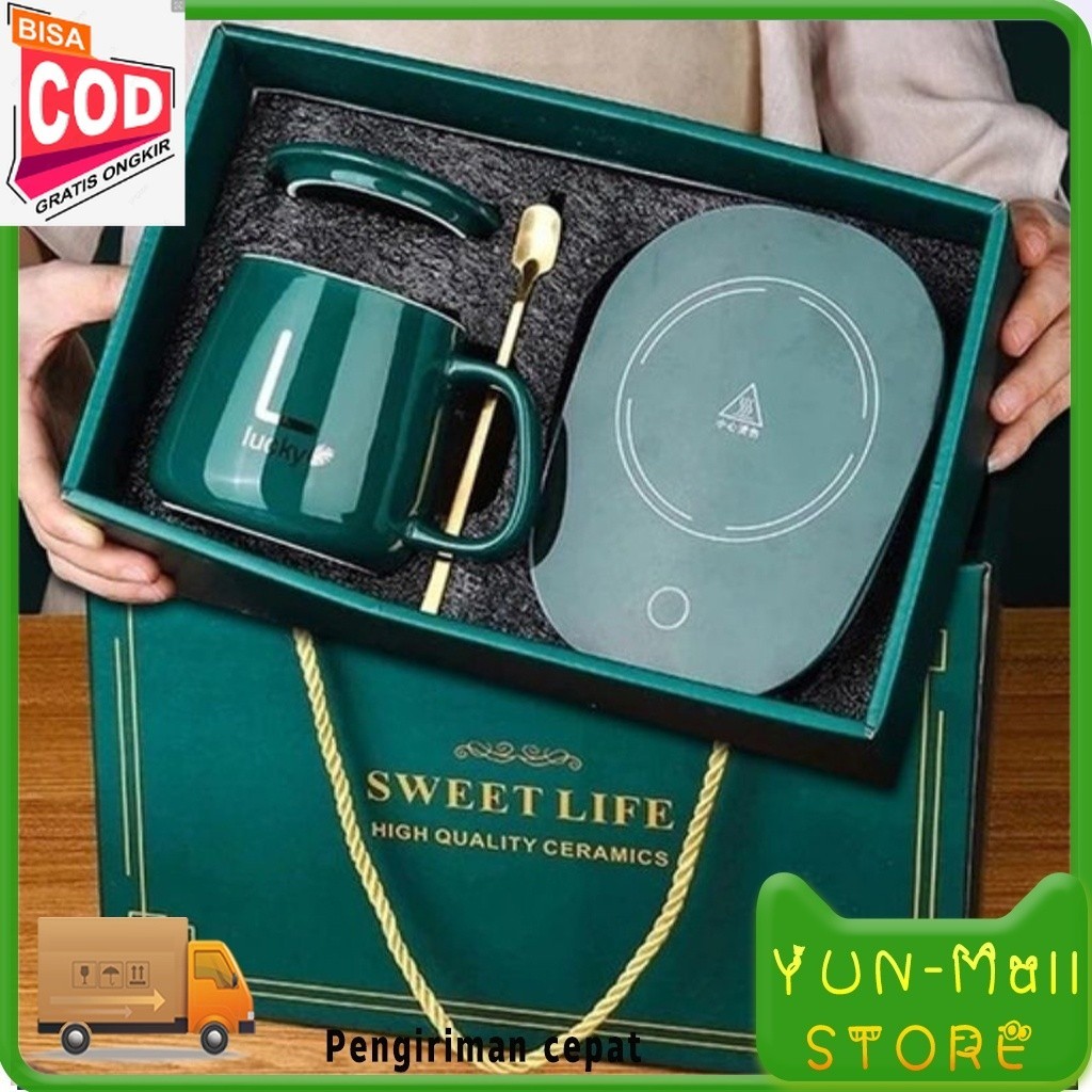 【COD+Pengiriman Cepat】YUN Mall Mug Cangkir Gelas Elektrik Set Keramik Pemanas 55 Derajat / Gelas Set
