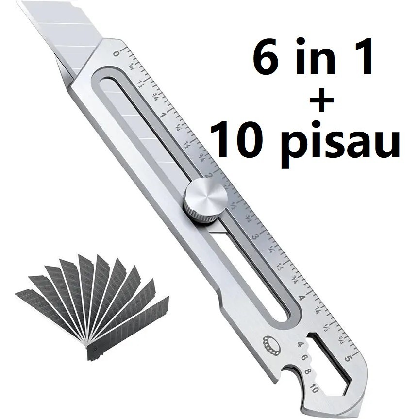 

6 in 1 Pisau Cutter Stainless Steel Cutter Baja Perak, Cocok untuk Pembuka Botol, Penggaris