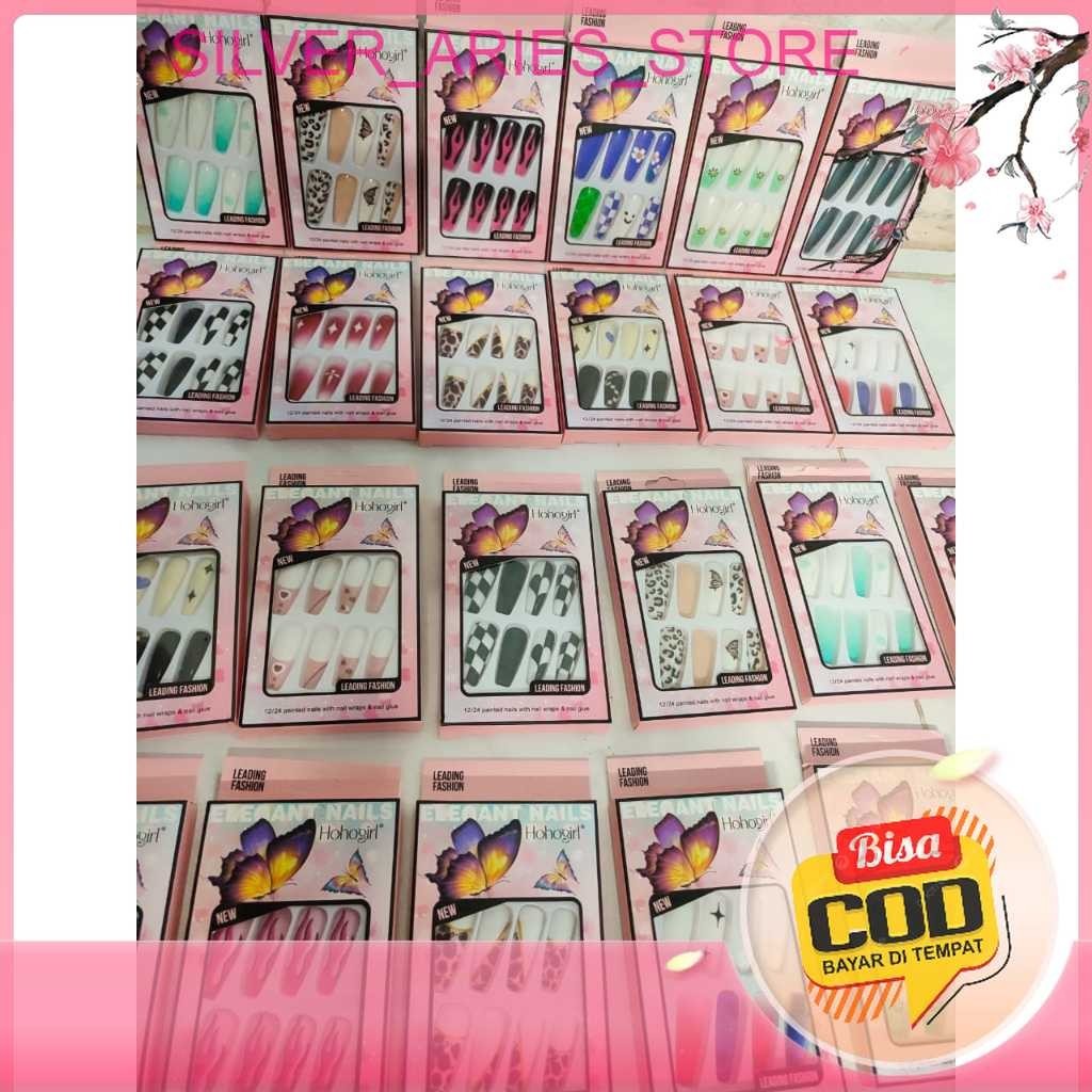 Silver Aries BISA COD. Kuku Palsu Panjang 12pcs dan Lem Kuku - Nail Art 3D Kuku Palsu Aesthetic Taha