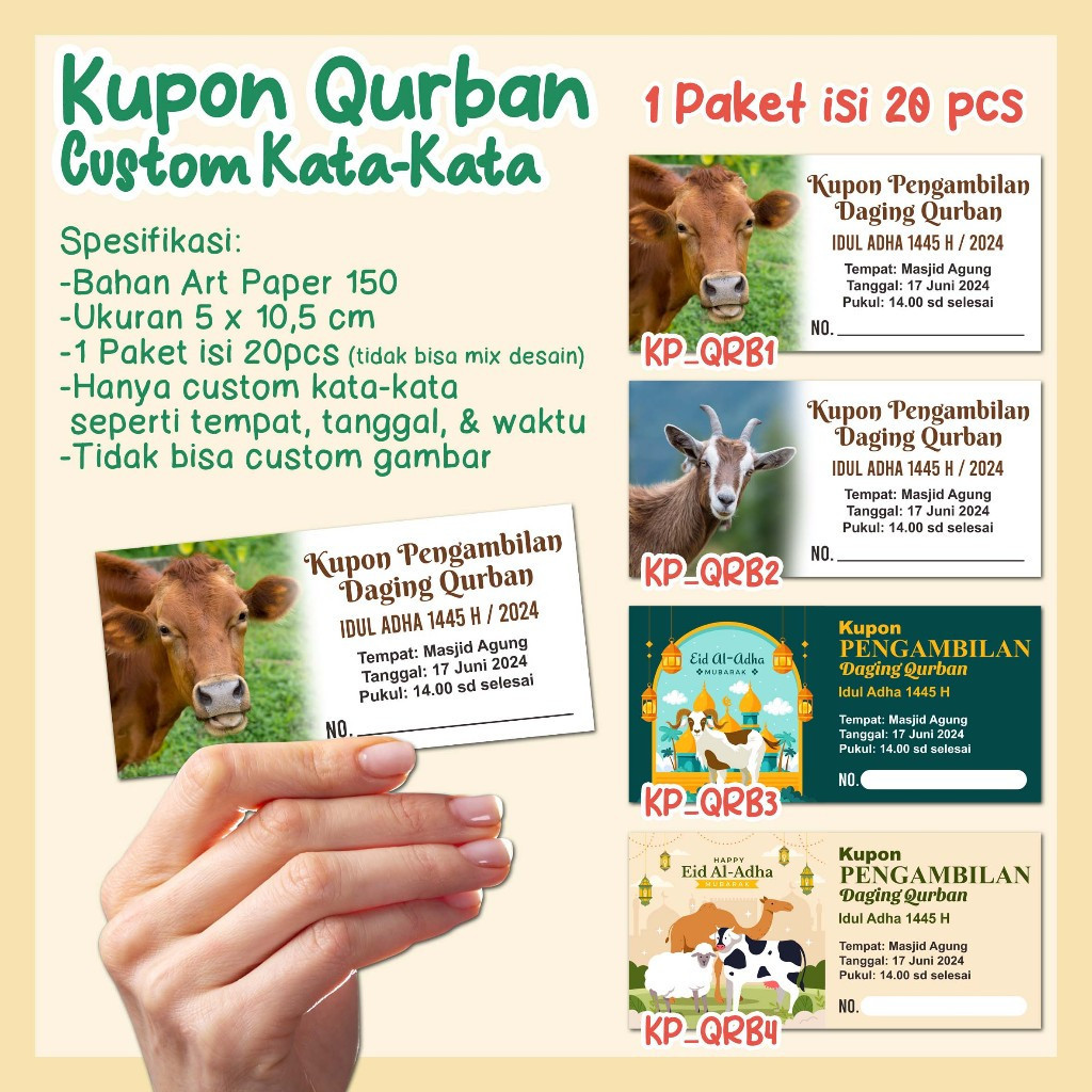 

[1 Paket isi 20pcs] Kupon Voucher Qurban Idul Adha / Pengambilan Daging Qurban / Kurban Idul Adha - Bisa Custom Nama & Alamat