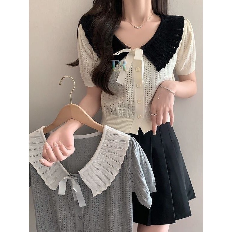 Atasan Rajut Remaja Wanita Dewasa Lengan Pendek Full Kancing Hidup Berkerah Dilengkapi Pita Lepas Pa