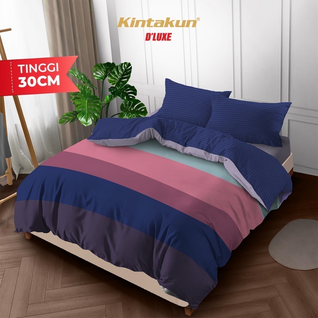 Kintakun Bedcover Set Fitted 160/180 Minho Aesthetic Minimalis  Dluxe Microtex Biru Tinggi 30 cm