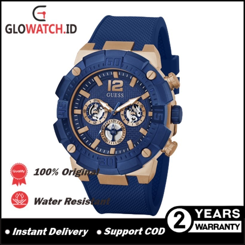 [Promo] Jam Tangan Pria Guess GW0264G4 Navigator Rose Gold Tone Case Blue Silicone Original (Garansi