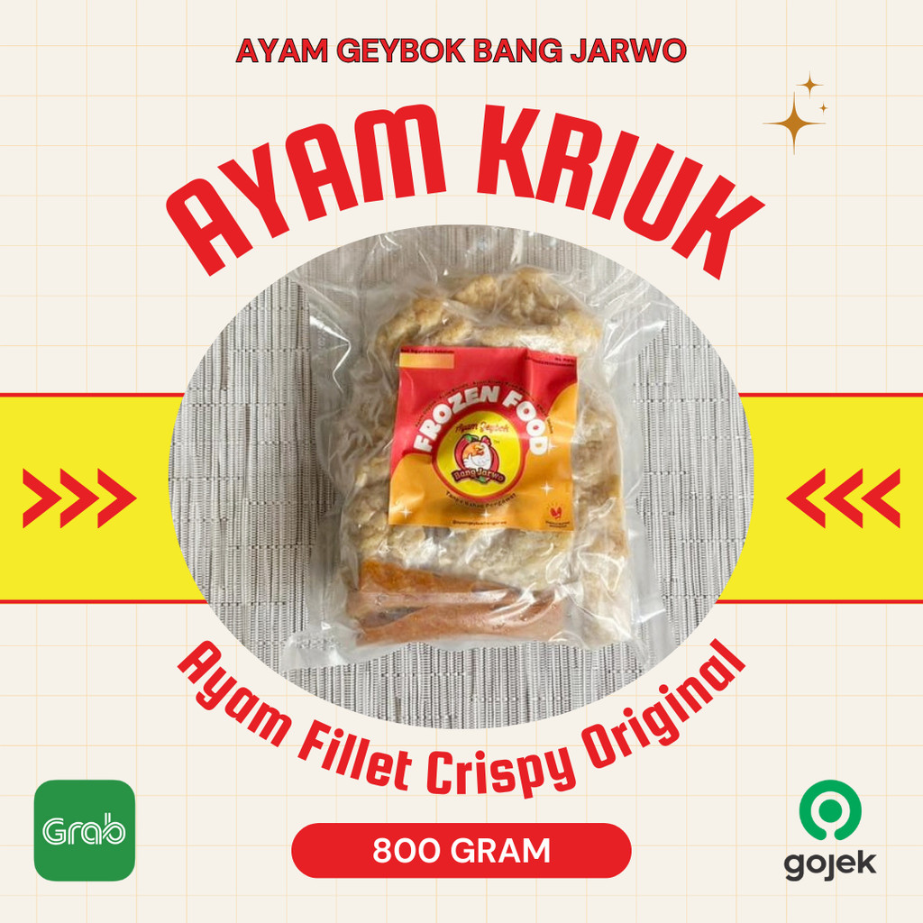 

FROZEN FOOD 7 Porsi Ayam Kriuk Fillet Crispy + Sambal Geybok (7 Sachet) | Ayam Geybok Bang Jarwo Official | Pedas & Tidak Pedas