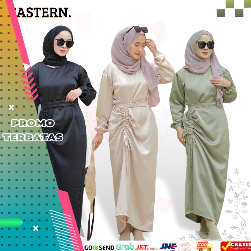 Dress Satin Kondangan Amaris Polos Elegan Paha Serut high quality