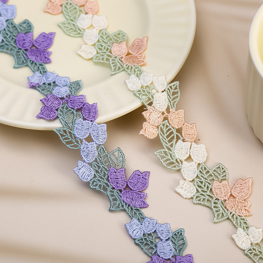 

1 Yards Purple Orange Flowers Embroidery Lace Guipure Ribbon Applique Wedding Dress Headveil DIY Sewing Supplies 3.7cm Wide