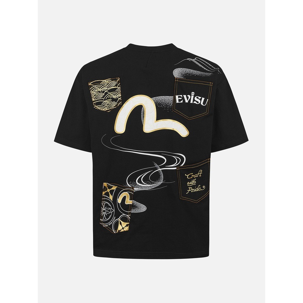 (HOT) EVISU Fushen KAOS Musim semi 2025 T-shirt Tercetak Baru Multi Pocket