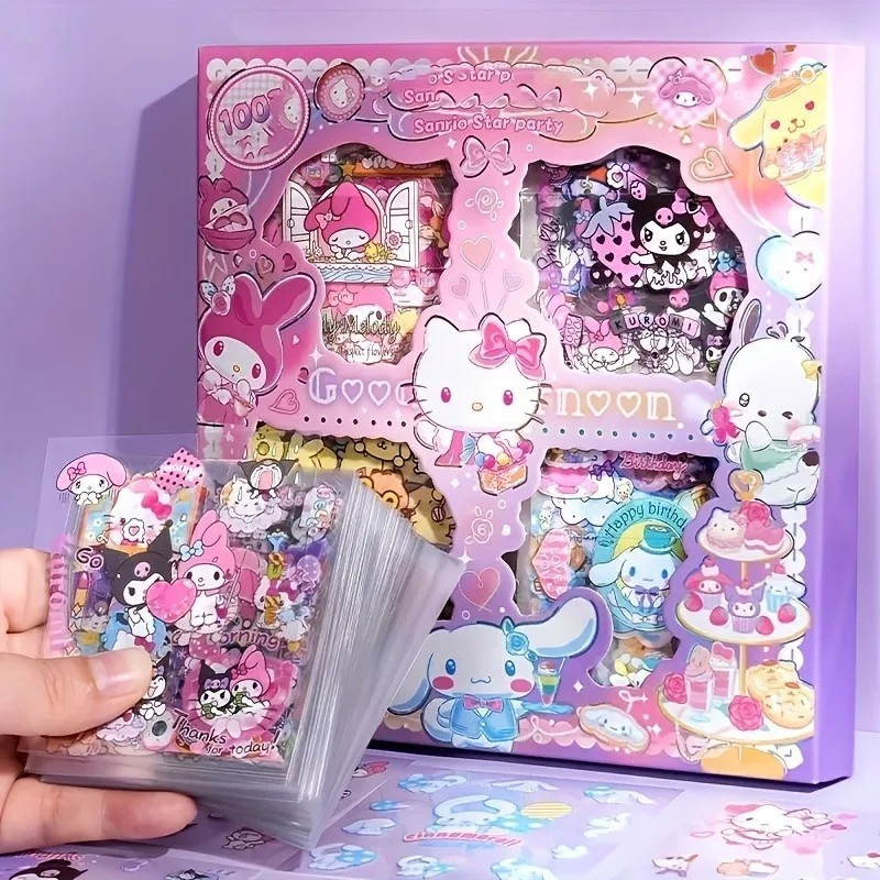 

Hello Kitty Sanrio Non-Repeating 100-Piece Sticker Set Cinnamoroll Kuromi Waterproof Stationery Sticker Gift Box Birthday Gift