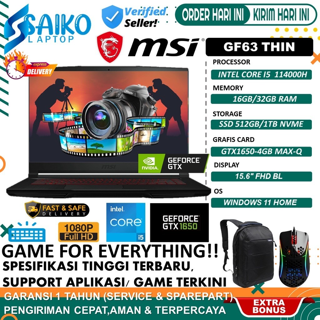 MSI THIN GF63 GTX1650-4GB MAX-Q I5-11400H 32GB 1TBSSD WIN11 15.6FHD IPS BLACK