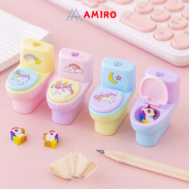 

Serutan toilet karakter unicorn rautan mini dengan eraser 1 pcs pensil sharpener kloset lucu