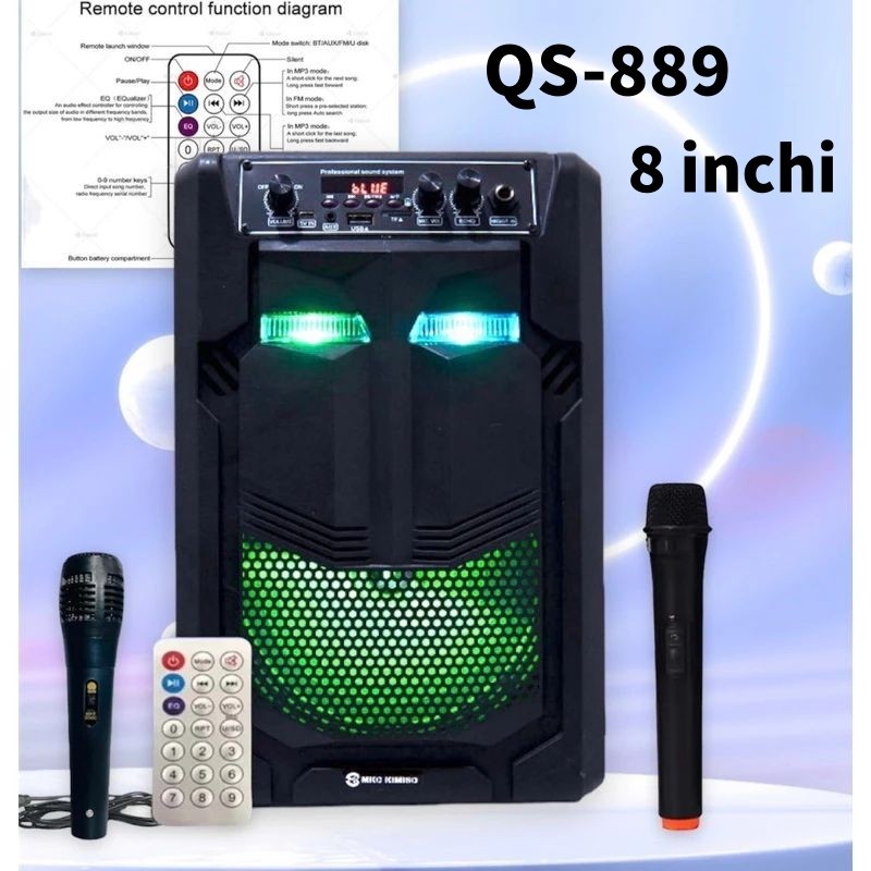 Speaker 8 Inch Woofer Kimiso Qs-889 Tinggi Daya Tinggi Luar Tangan Berlapis Tangan Bluetooth Portabe