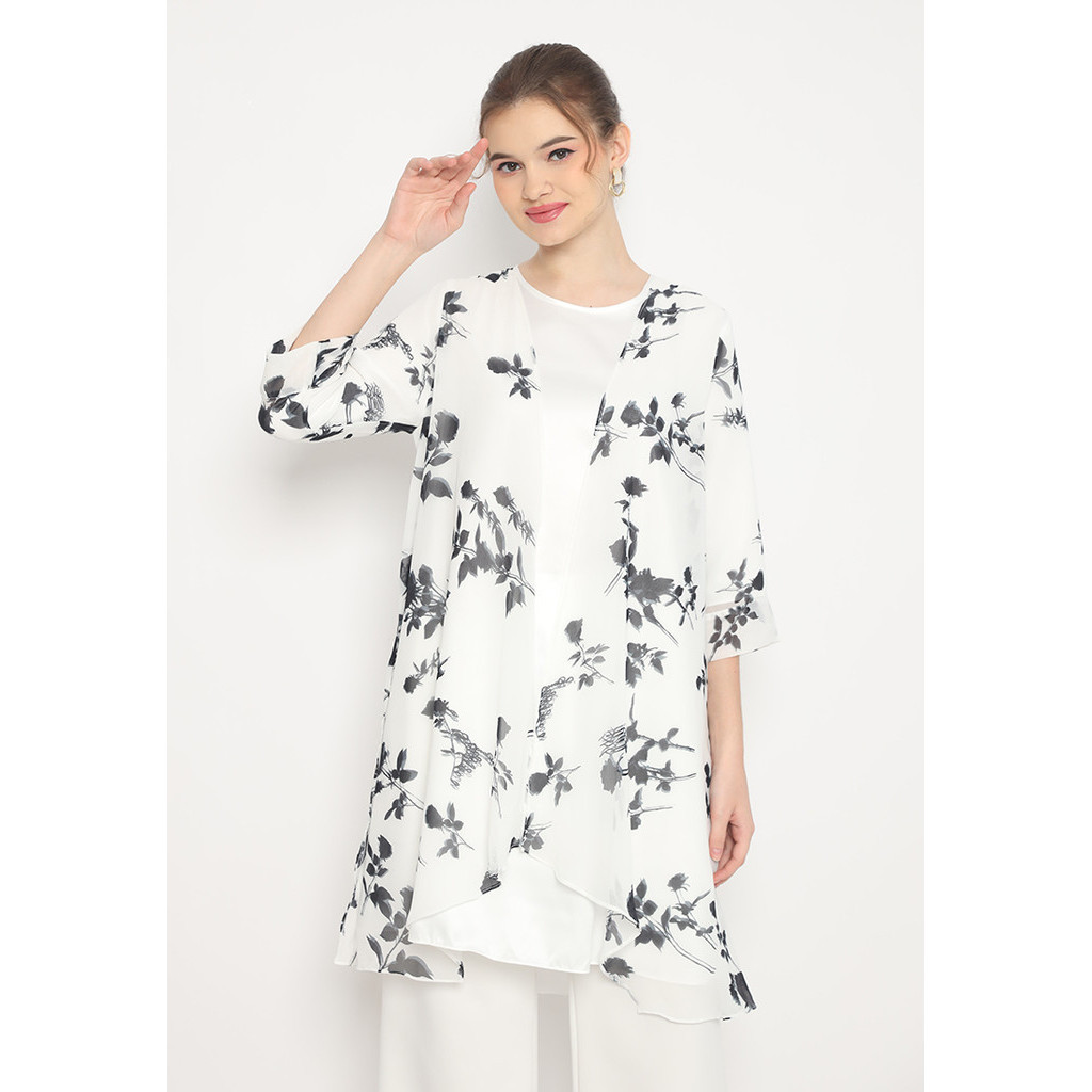 Tunik Sifon Premium Semi outer Motif Bunga Putih Floral Tunik Semi Outer White By Brilliant Girl