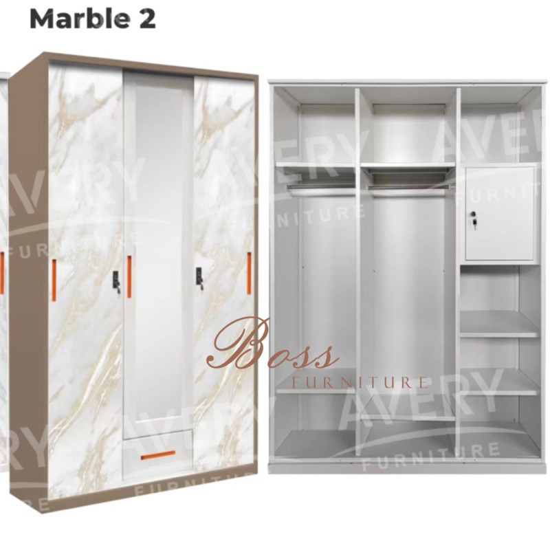 Lemari Pakaian Besi Impor Stainless Sliding 3 Pintu Cemin