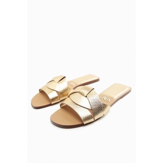 ZARA ORIGINAL STORE 100% - FLAT CRISS-CROSS LEATHER SLIDER SANDALS