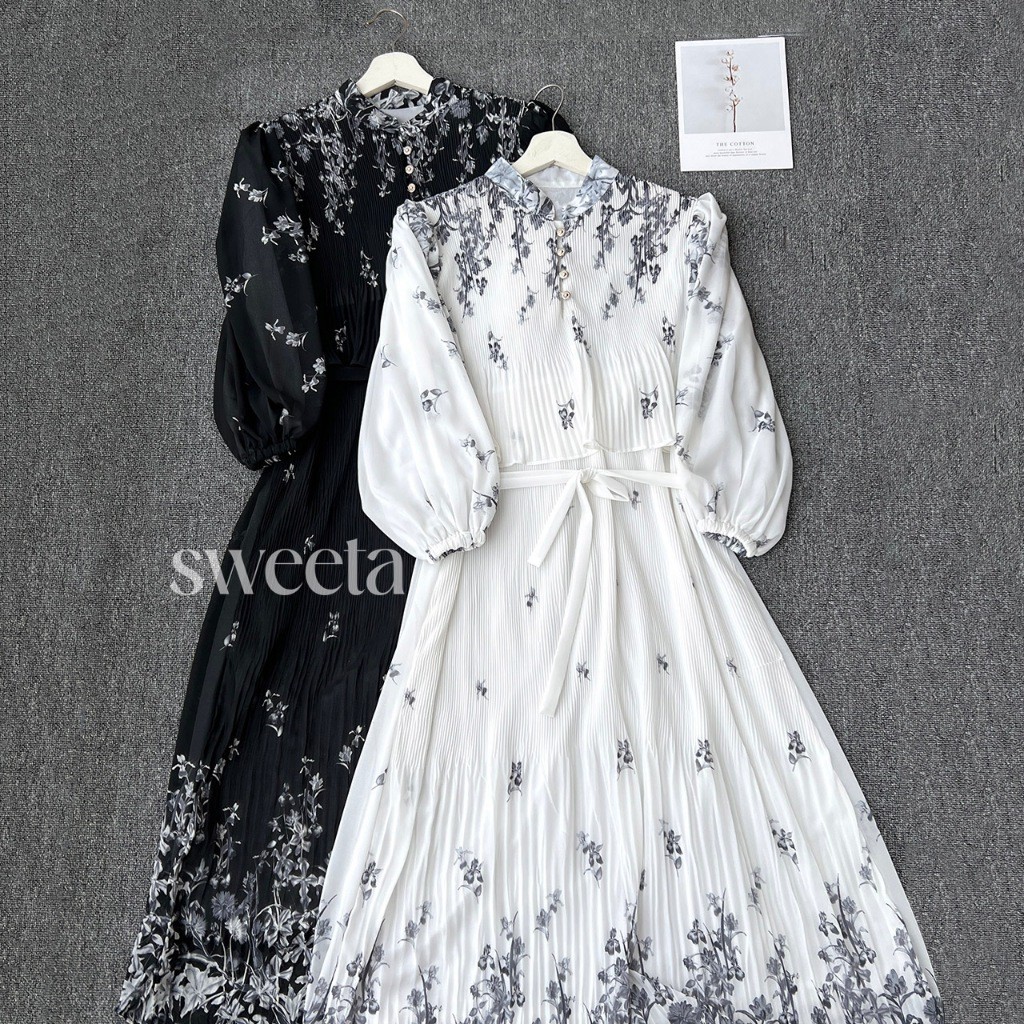 SWEETA | Midi Dress Plisket Double Layer Lengan Balon  | LD 105cm | Ceruty full furing | Korea Style