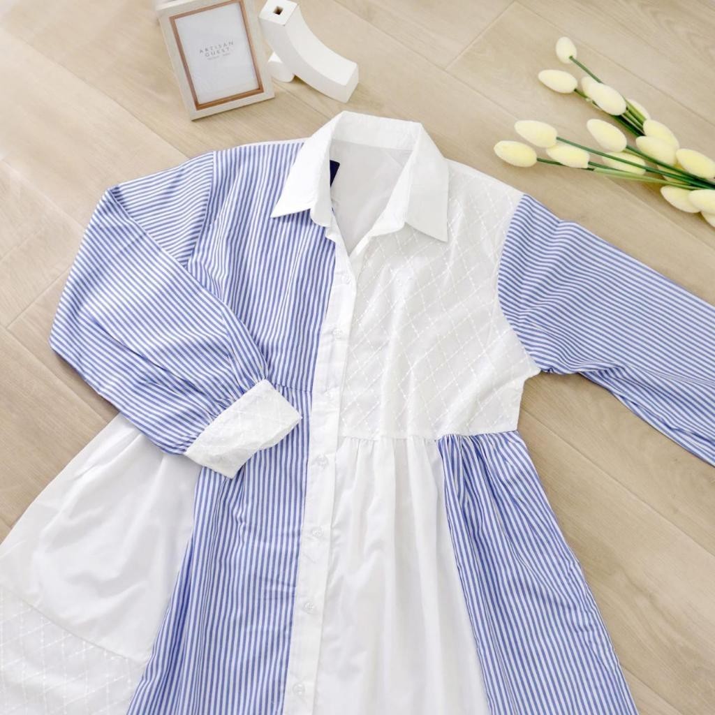 NANDO BABYDOLL DRESS BRUKAT TERBARU BAHAN KATUN POPLIN KOMBINASI KATUN SALUR IMPORT TUNIK LENGAN PAN