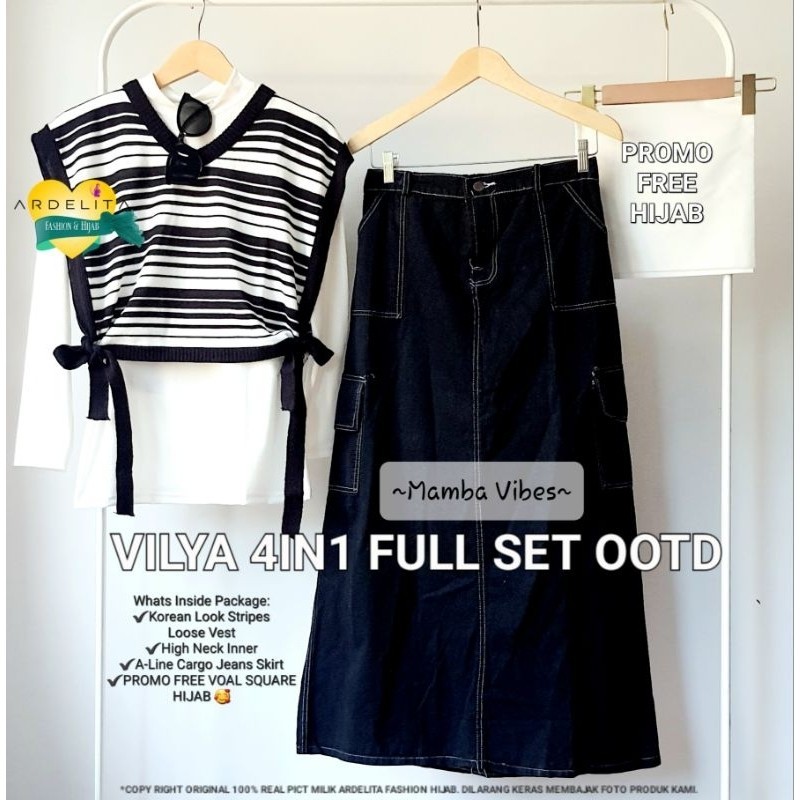 VILYA 4IN1 CARGO JEANS OOTD SET HIJAB SETELAN BAJU WANITA REMAJA DEWASA BAJU SET ROK JEANS CARGO ONE
