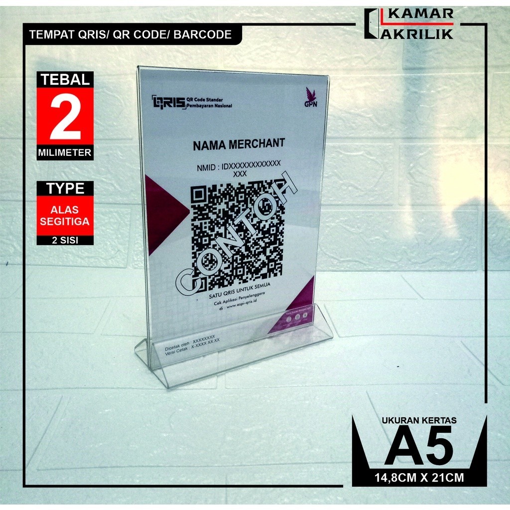 

Akrilik Tent Holder A5 Kaki Segitiga Tempat QRIS/ Barcode 2MM