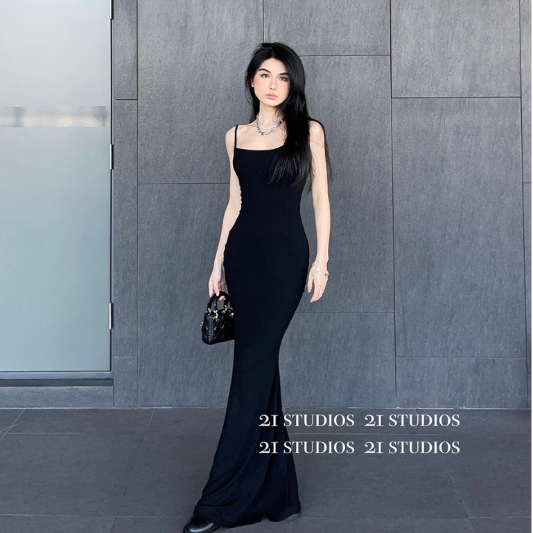 black dress hitam sexy press body serut tanpa lengan midi dress korean style terbaru 2025 backless d