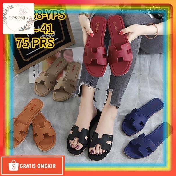 Sandal Sepatu Terbaru / L1838JPS Sandal Selop Glanzton Wanita Karet Model H Sendal Slop Glanzton Cew