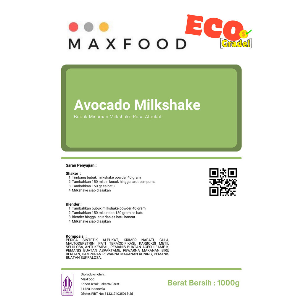 

[ECO] Avocado Milkshake Powder / Minuman Bubuk Rasa Alpukat Milkshake Ekonomis 1 KG