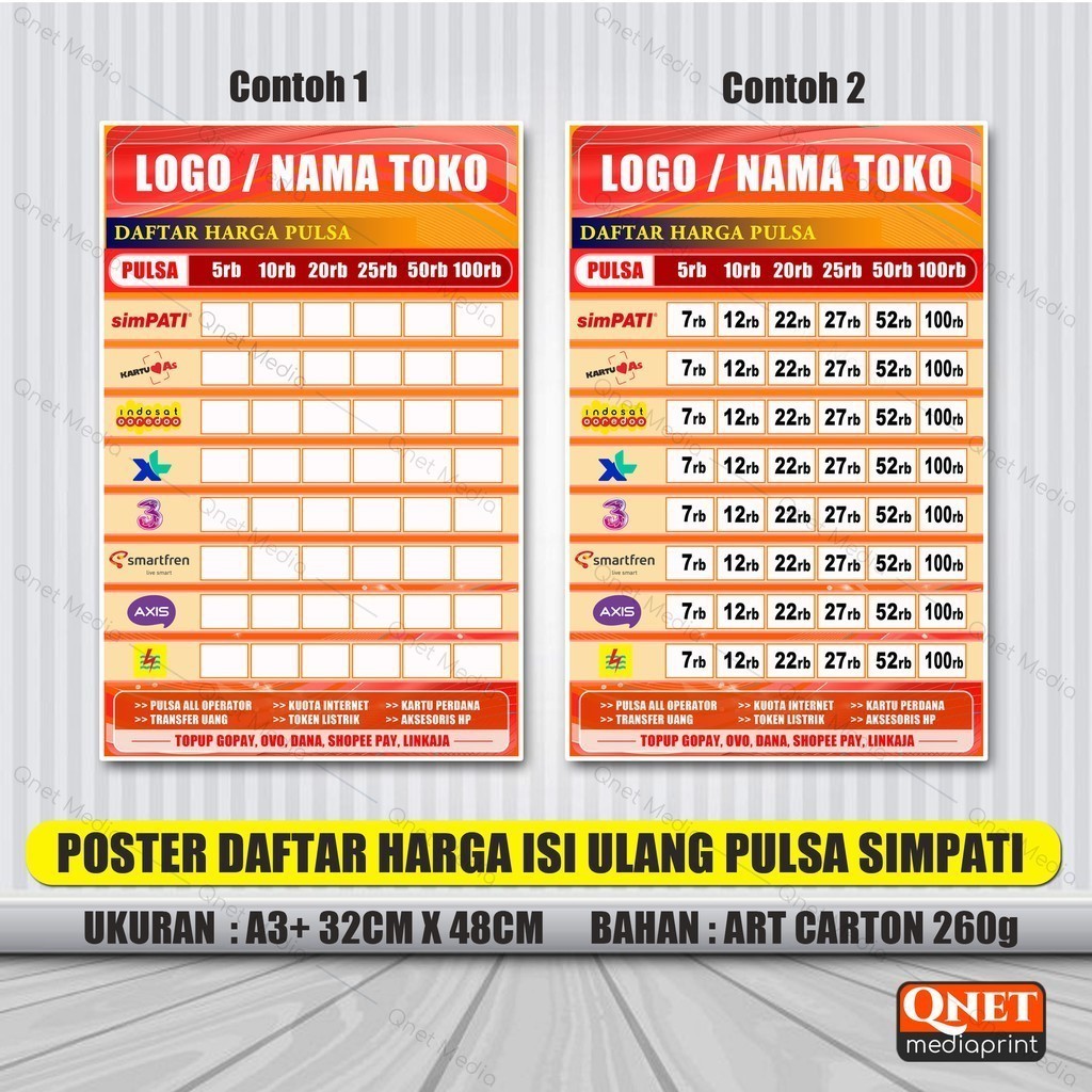 

POSTER KONTER DAFTAR HARGA PULSA ALL OPERATOR ( CUSTOM )