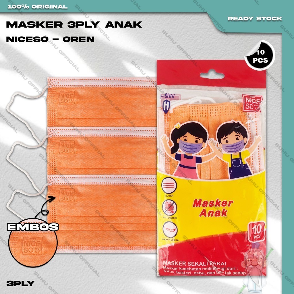 Masker Anak Medis 3Ply NICESO Isi 10Pcs Warna Oren Orange 3 Ply Earloop Surgical Mask Kemenkes