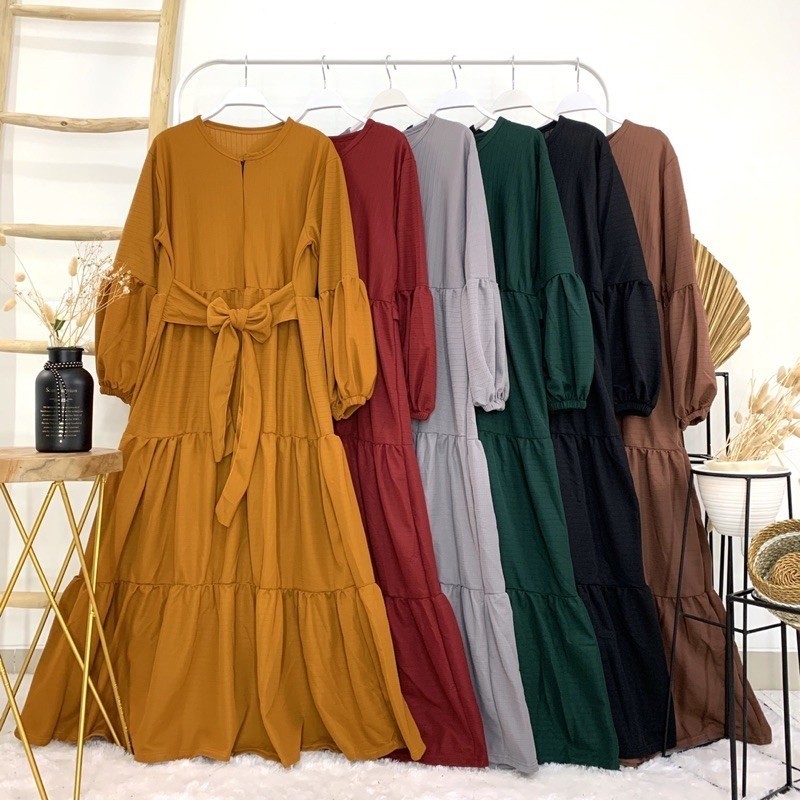 Gamis busui mayung rempel 3 susun lengan balon tali pinggang pita motif polos bahan waffle merk coco