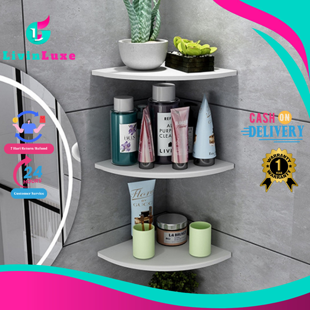 LivinLuxe - Rak Sudut Dinding Kamar 3 Susun Rak Buku Rak Kosmetik Dekorasi Rumah Kontrakan Apartmen 