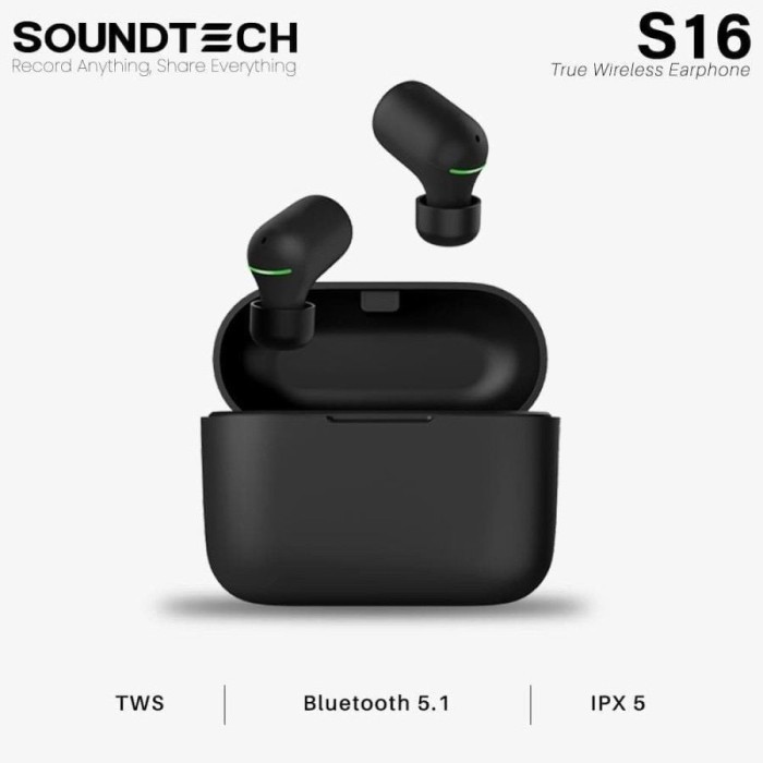 TERBARU SOUNDTECH S16 TWS Wireless Earphone Bluetooth 5.1 Touch - Black - S16
