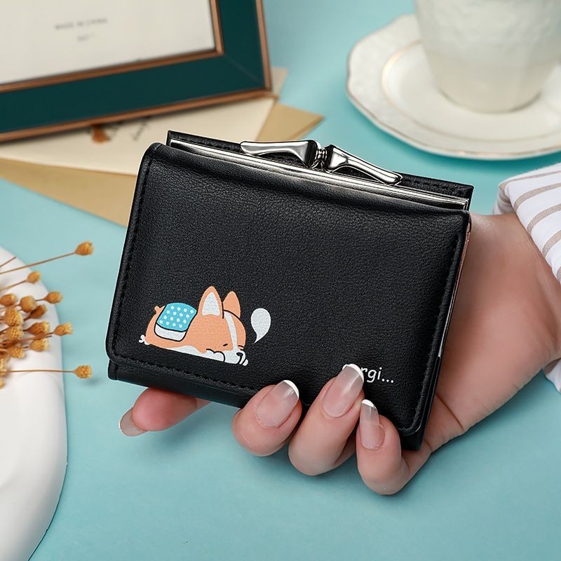 Dompet Lipat Tiga Pendek Wanita, Dompet Klip Lipat Tiga Banyak Slot Kartu Gaya Bercetak Mini