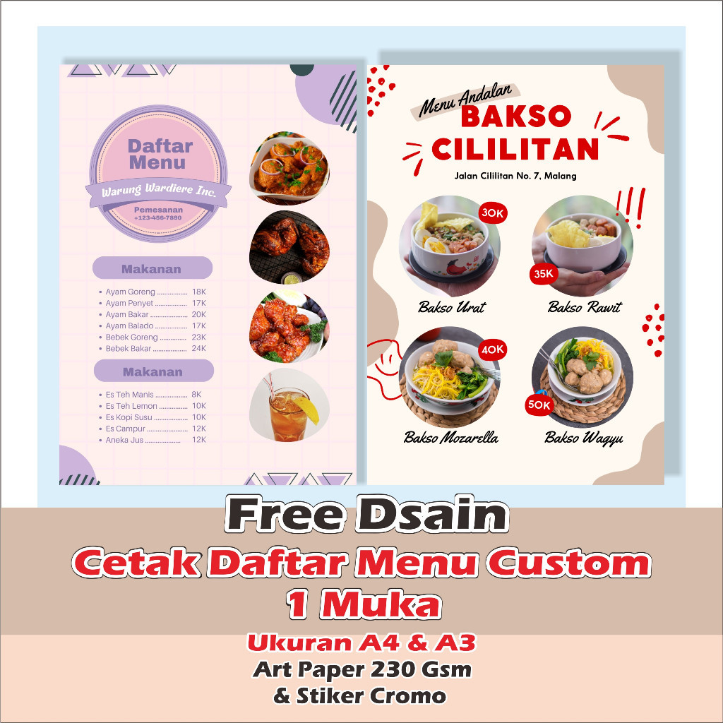 

cetak daftar menu 1 Muka Ukuran A4 A3 daftar menu makanan minuman daftar menu cafe cromo art paper