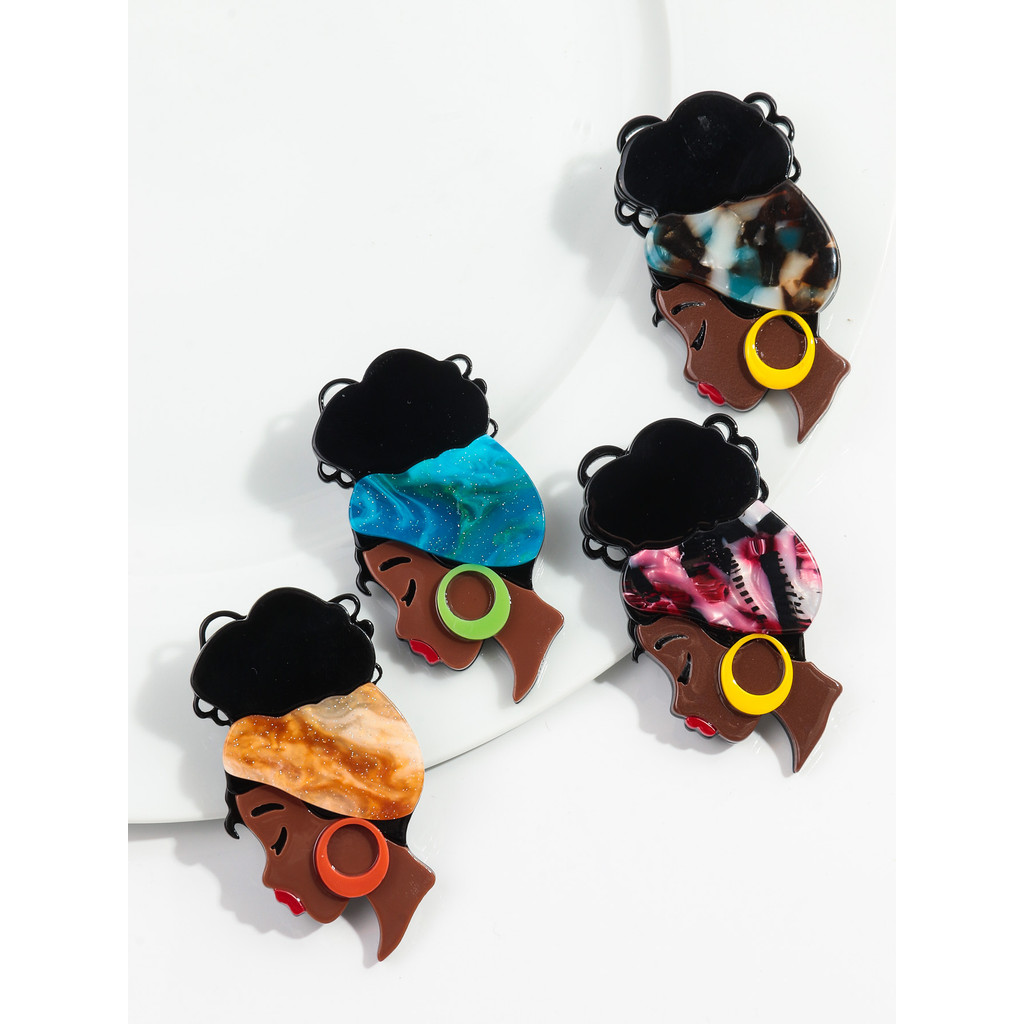 Cute Acrylic Africa Lady Brooches Pins for Women Unisex Black Hair Girl Wear Big Earrings Figure Bro