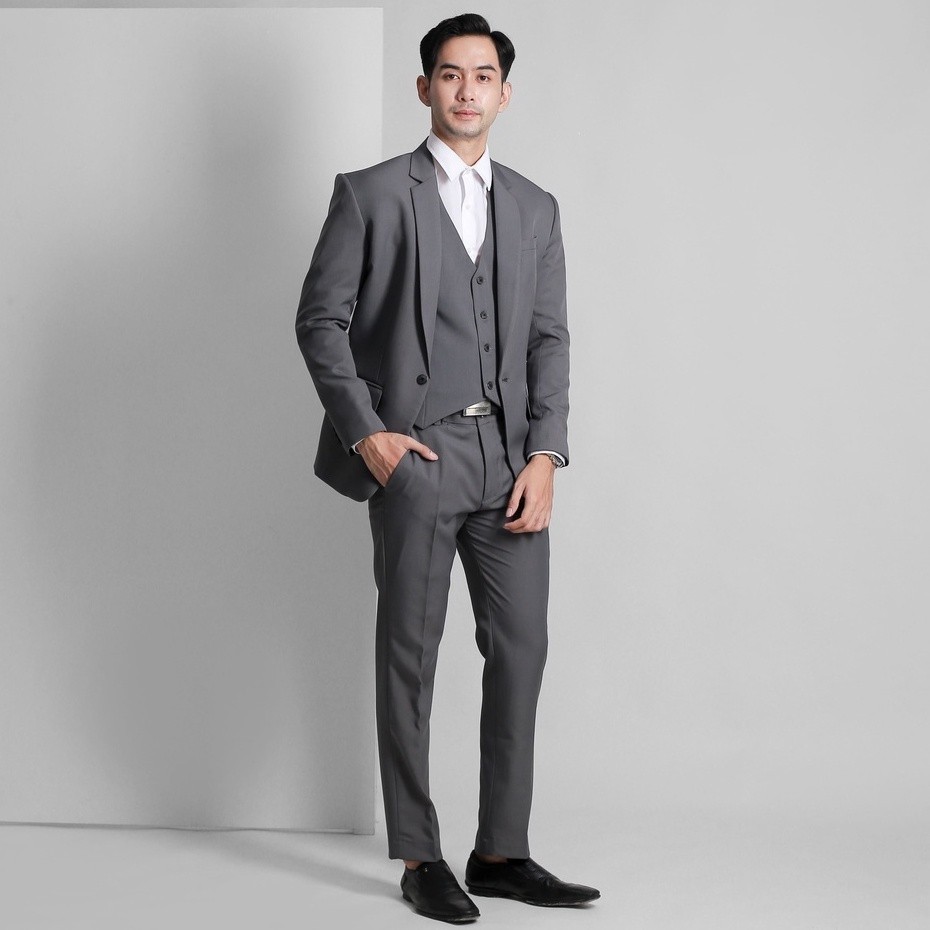 Goldy Outfit Setelan Jas Celana & Rompi Abu Tua - Vente Series