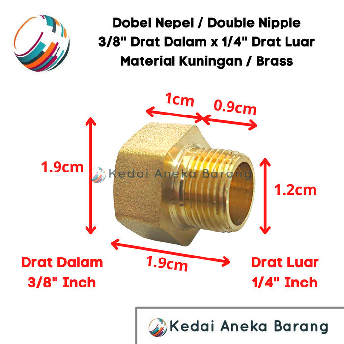 LL76 Double Nipple Dobel Nepel 3/8 x 1/4 Inch Kuningan Drat Luar Dalam