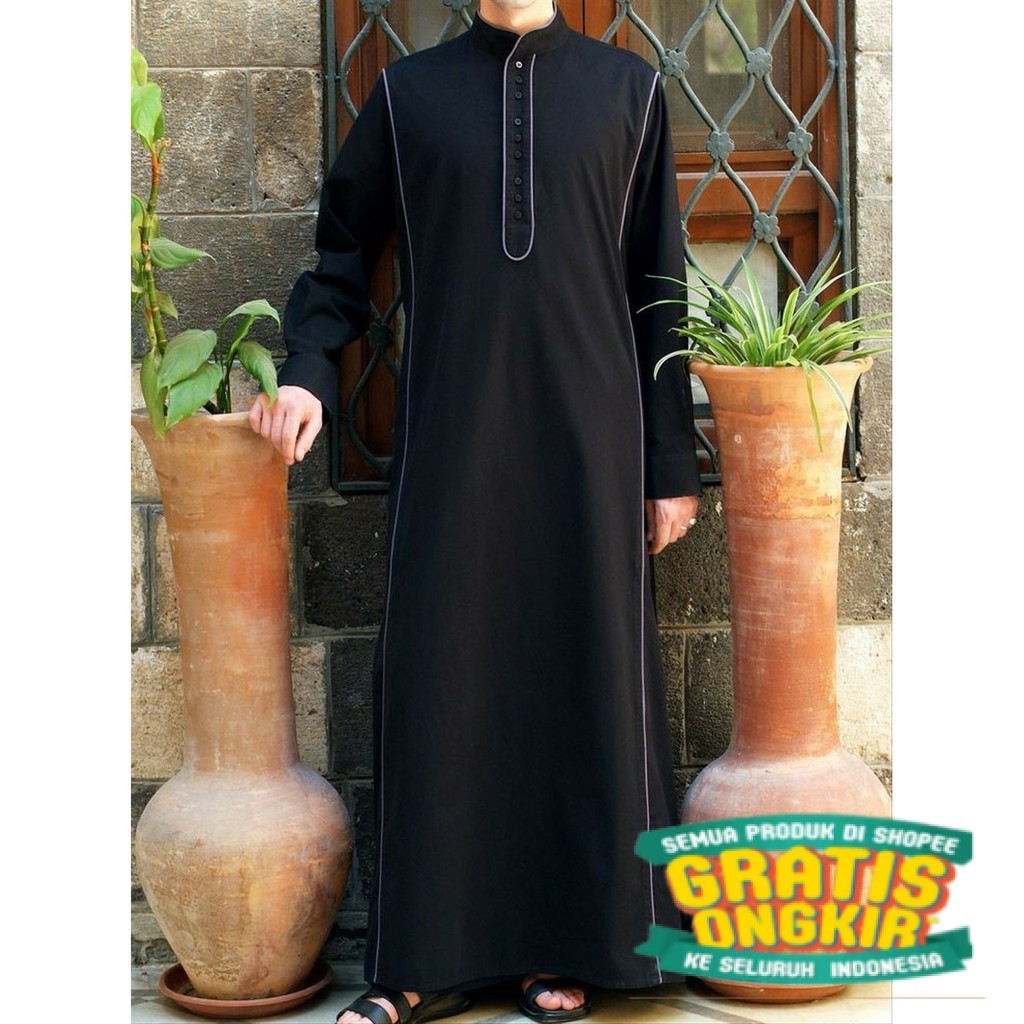 Jubah pria gamis pria thobe coklat 1 AN-2 Thobe Strip Lengan Panjang Saudi Yaman/ Mewah
