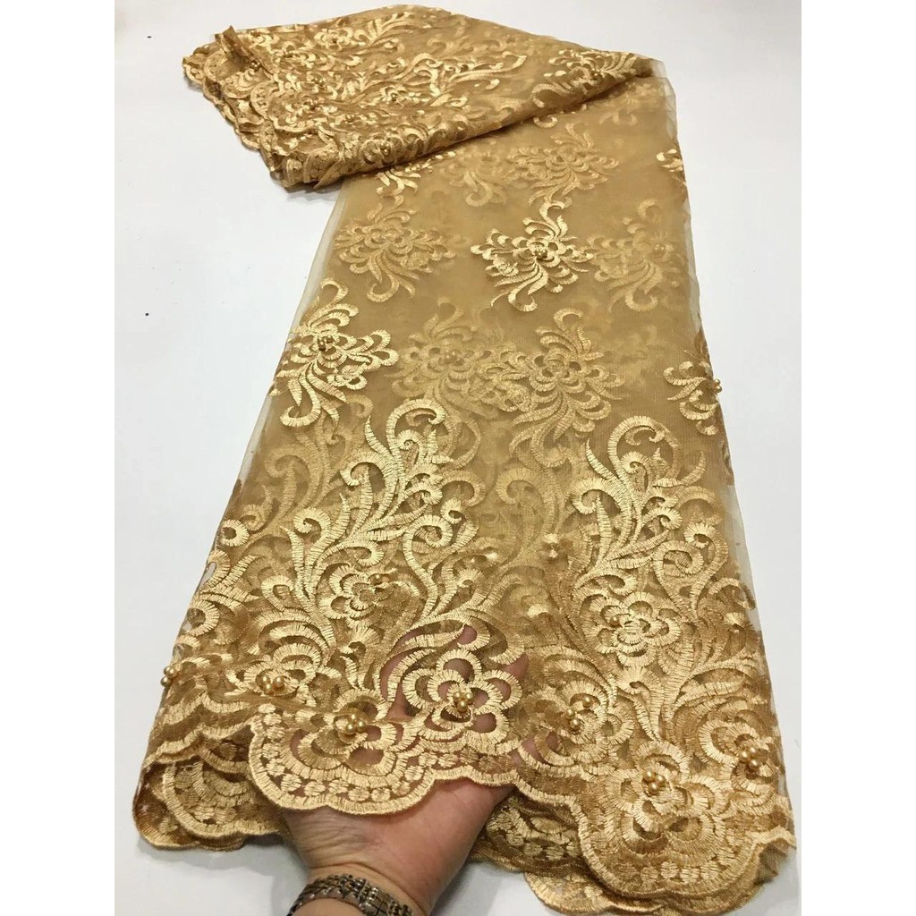 

Gold African Lace Fabric 2024 High Quality Beaded Nigerian Lace Fabrics for Wedding Women Dresses French Tulle Lace Fabric M2850