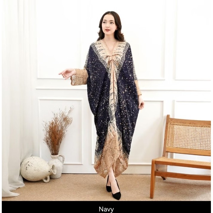 "SKY.LD" -  DISKON LONG DRESS KAFTAN WANITA BATIK VISCOSE SEMI SUTRA ARUNA FIT LD 150 - NAVY
