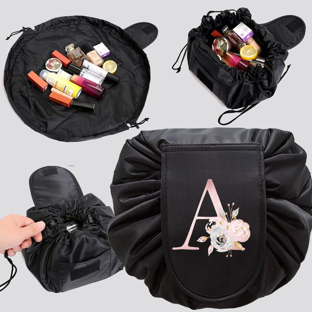 

Cosmetic Bag Women Makeup Organizer Travel Toiletry Storage Bag Drawstring Shoulder Make Up Pouch Pink Flower Lettern Pattern