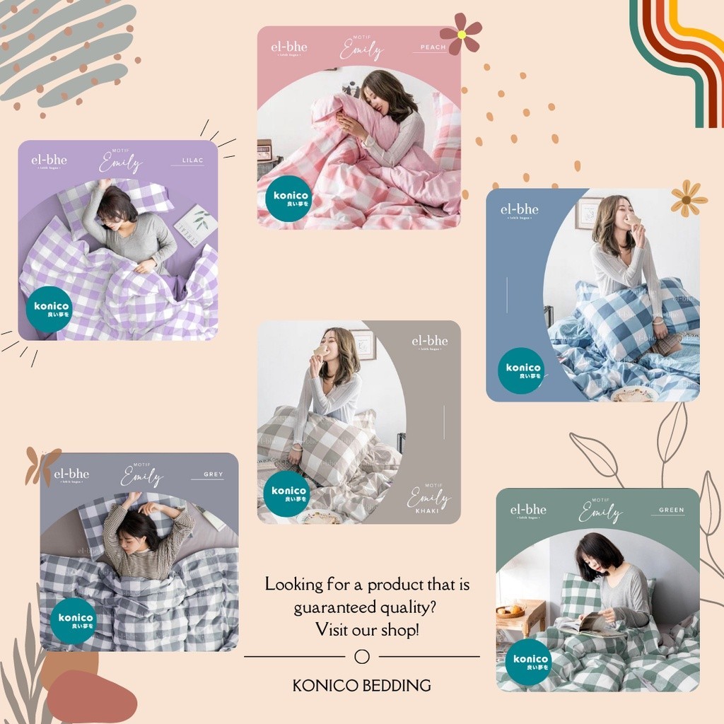 KONICO sprei set bahan Katun EL-BHE Motif Emily KHAKI Kotak 8 cm SINGLE ( tanpa bedcover ) aesthetic