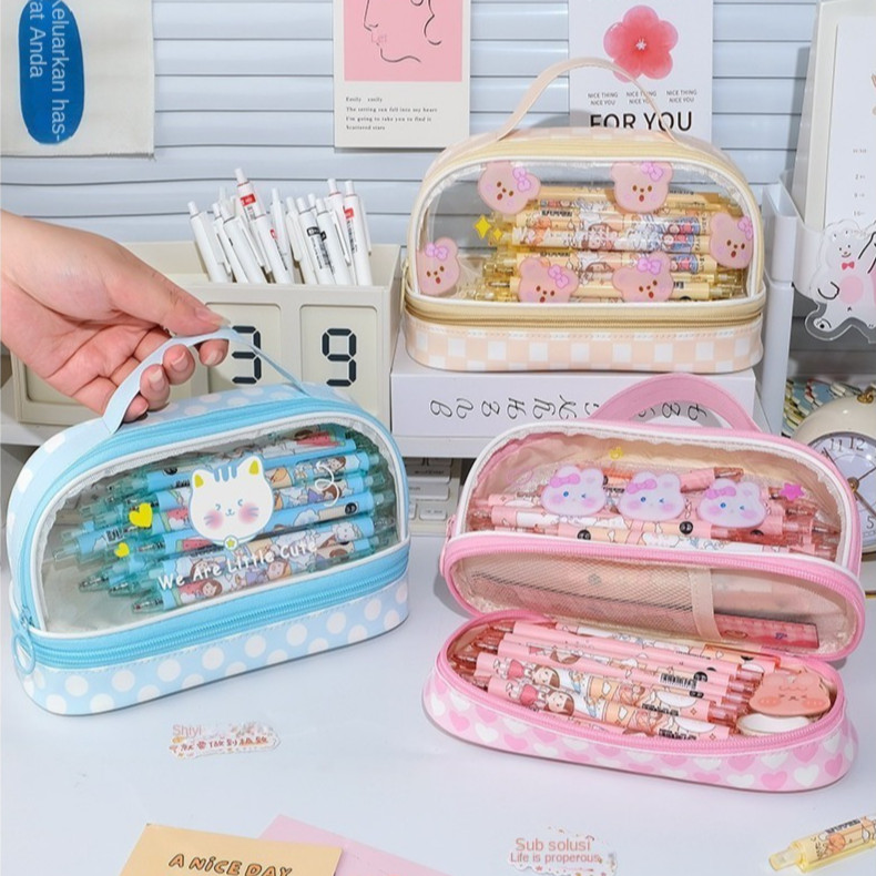 

Tempat pensil transparan berkapasitas besar dua lapis / tempat pensil warna-warni Hadiah untuk siswa dan anak-anak