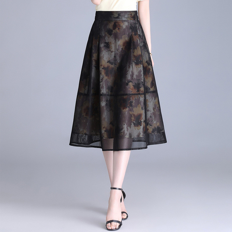 Rok A-line Sifon Jaring Jacquard Pinggang Tinggi Hitam motif bunga